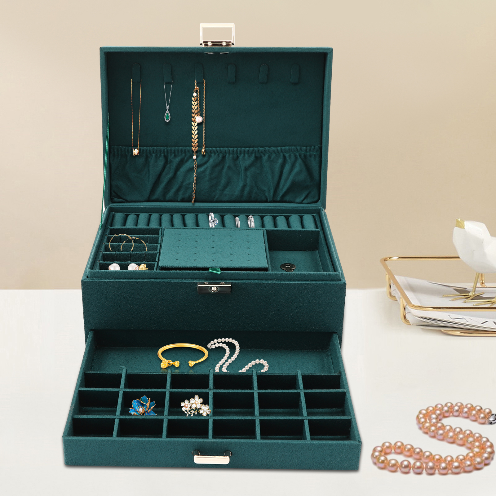 3-Tier Dark Green Jewelry Box  - Drawer Organizer Peg 리뷰 및 가격