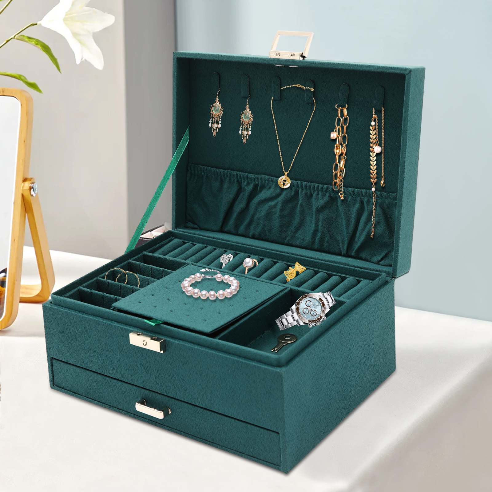 3-Tier Dark Green Jewelry Box  - Drawer Organizer Peg 리뷰 및 가격